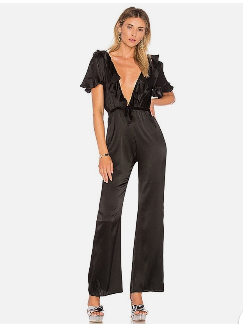For Love And Lemons Black Ruffle Deep V-Neck Romper with Tie Waist Sz XS